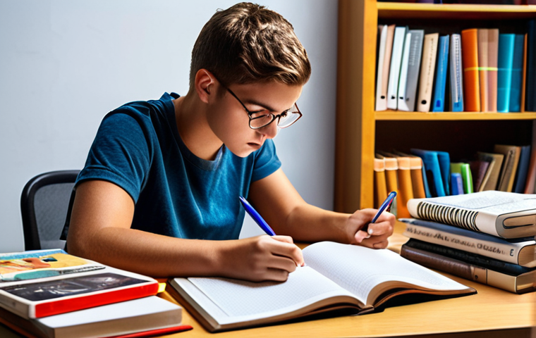 **
A determined student surrounded by books and online learning resources, actively taking notes with a pen in hand, showcasing active learning techniques. Emphasis on a focused expression and a well-lit, organized workspace. The style should be motivational and inspiring.
**