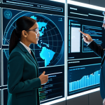 A diverse team of professionals, male and female, in modest business attire and professional dress, collaborating around a large, transparent holographic display. The display shows complex, flowing data visualizations, graphs, and AI-driven insights, illuminating their faces. They are engaged in an active discussion, pointing at the data with natural poses, conveying a sense of strategic thinking and innovation. The background is a sleek, modern, high-tech command center with subtle futuristic digital elements and clean architecture, bathed in soft, professional lighting. The overall mood is intelligent, collaborative, and forward-thinking.