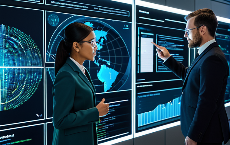A diverse team of professionals, male and female, in modest business attire and professional dress, collaborating around a large, transparent holographic display. The display shows complex, flowing data visualizations, graphs, and AI-driven insights, illuminating their faces. They are engaged in an active discussion, pointing at the data with natural poses, conveying a sense of strategic thinking and innovation. The background is a sleek, modern, high-tech command center with subtle futuristic digital elements and clean architecture, bathed in soft, professional lighting. The overall mood is intelligent, collaborative, and forward-thinking.